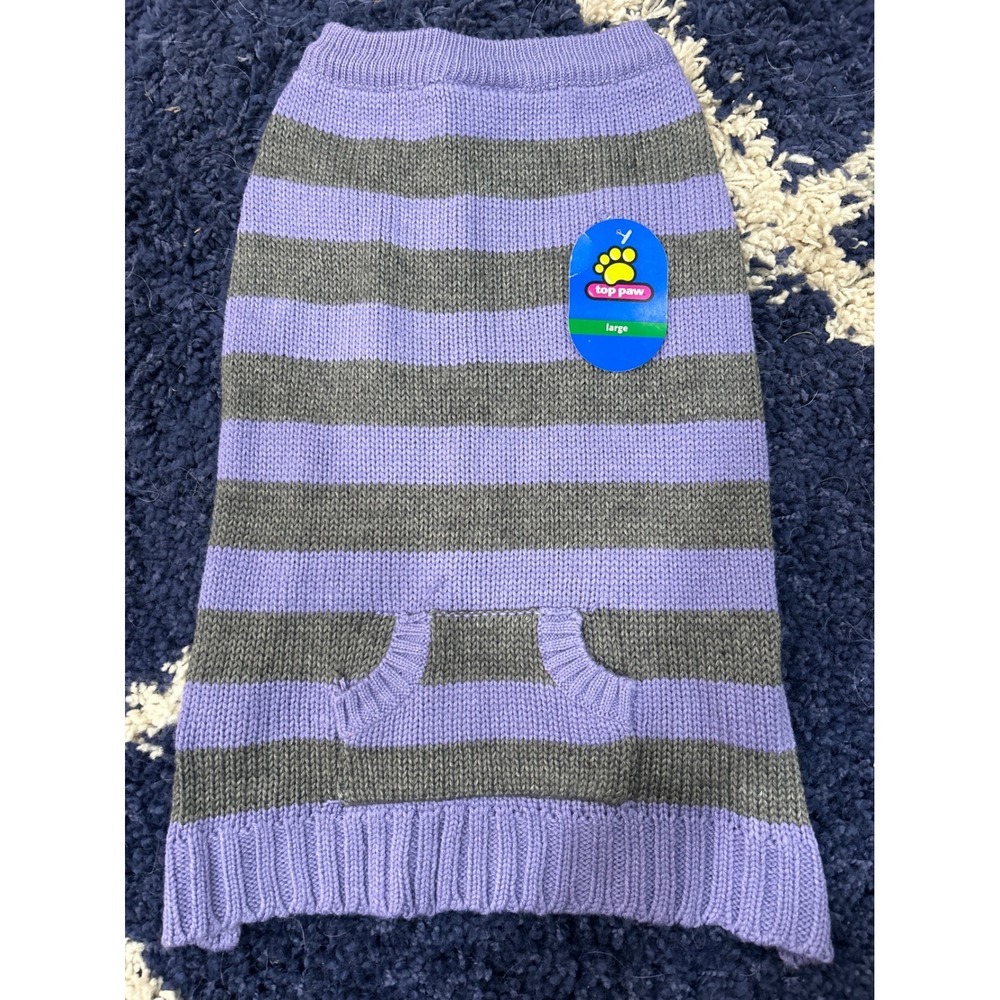 Top Paw Dog Sweater Large Purple Gray Striped Knit Pet‎ Clothes with Pocket NEW